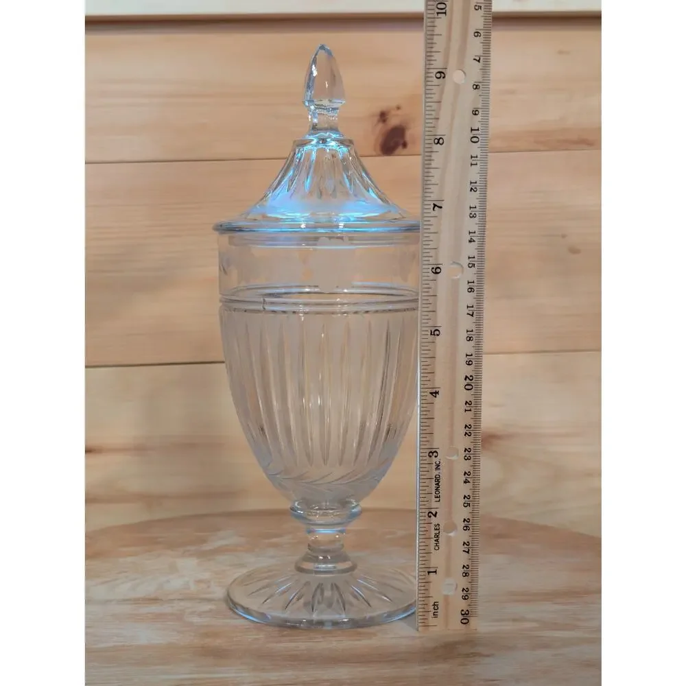 Vintage Etched Glass Covered Candy Dish Pedestal Apothecary Jar with Lid 10